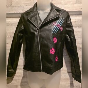 Black Leather Moto Jacket with Pink Paw Print Accents